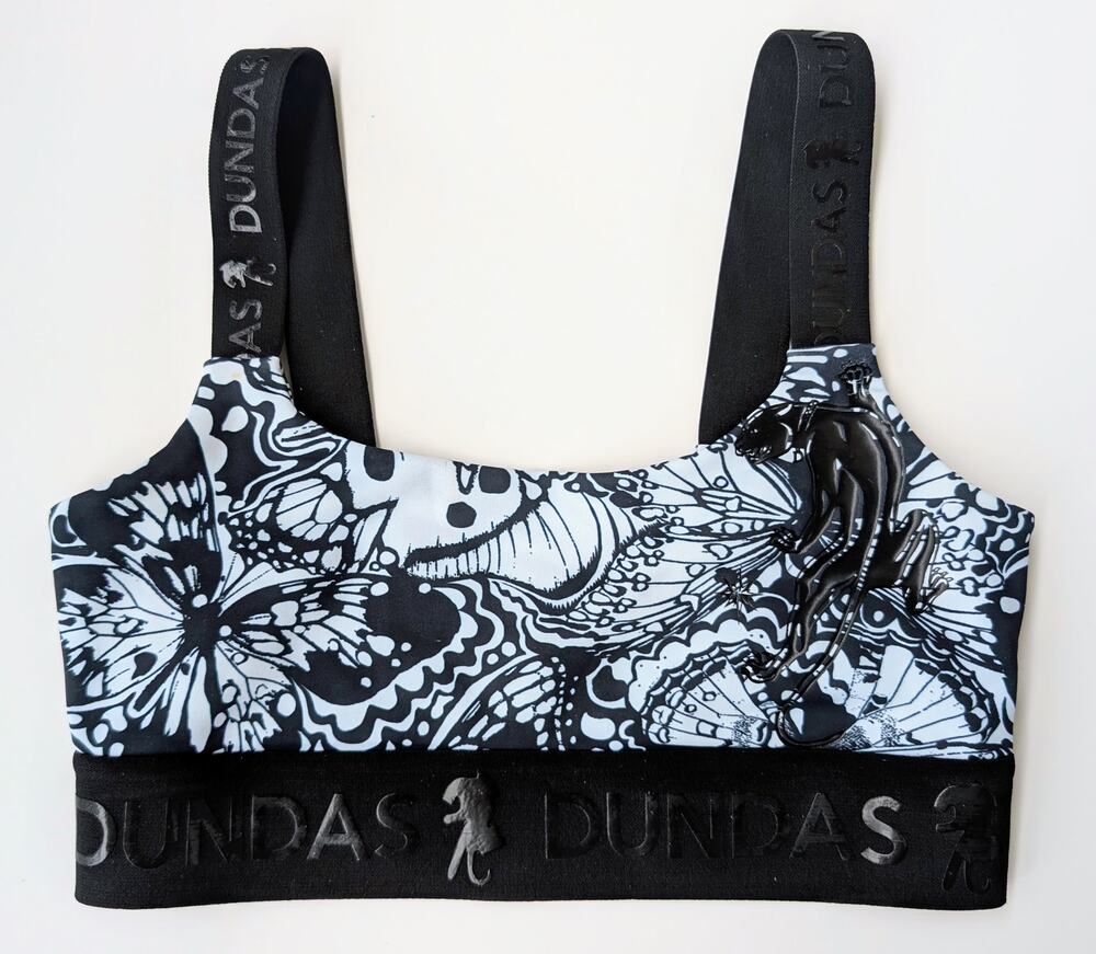 Dundas Black & White Butterfly Print India Sports Bra Crop Top Sz Small Yogacore